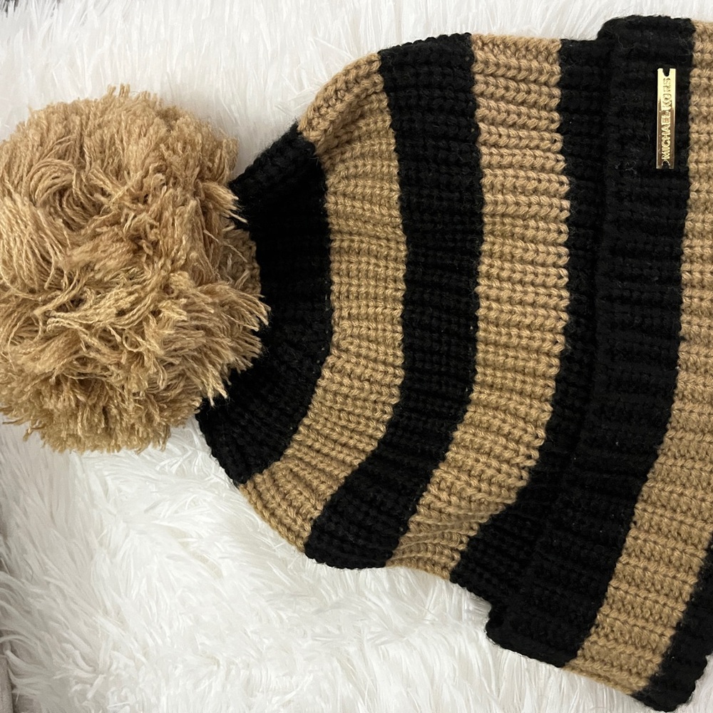 Michael Kors Black and Tan Striped Beanie